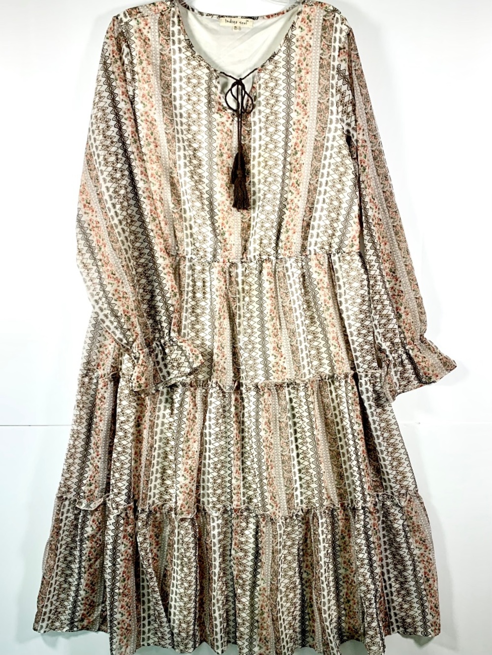 Indigo Soul long sleeve maxi dress cream tan v-neck tiered ruffle hem tassel tie